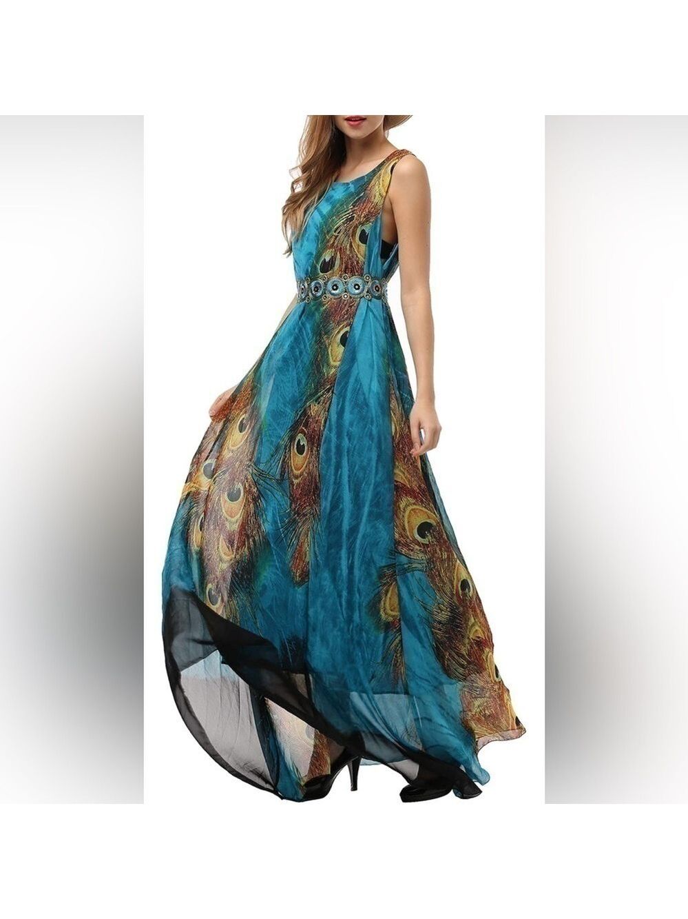 Women’s Maxie Dress beautiful peacock design! Comes with matching belt! Size XXL - Picture 7 of 8